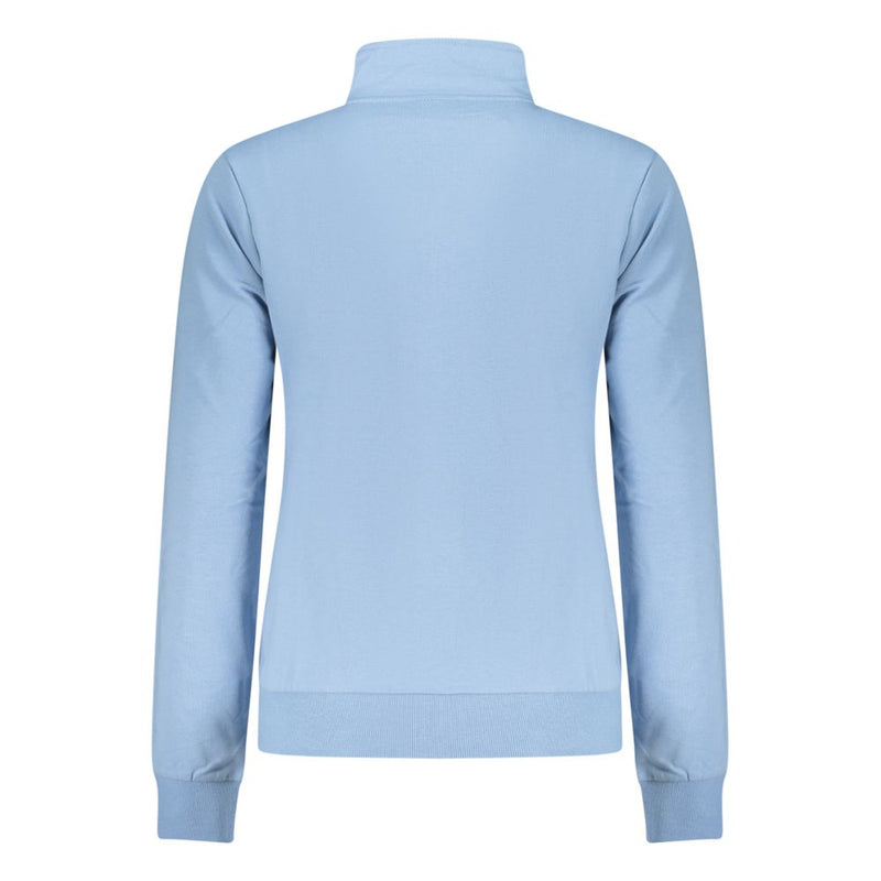 Light blue cotton women's sweatshirt with a mock neck, shown from the back