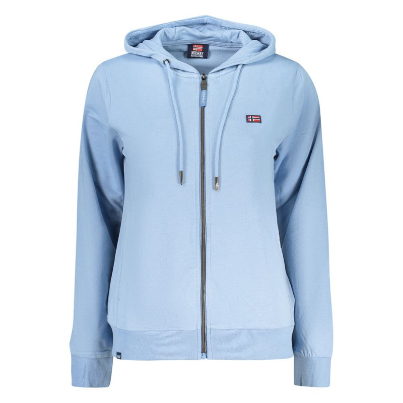 Light blue cotton women's zip-up hoodie with drawstring and small chest patch