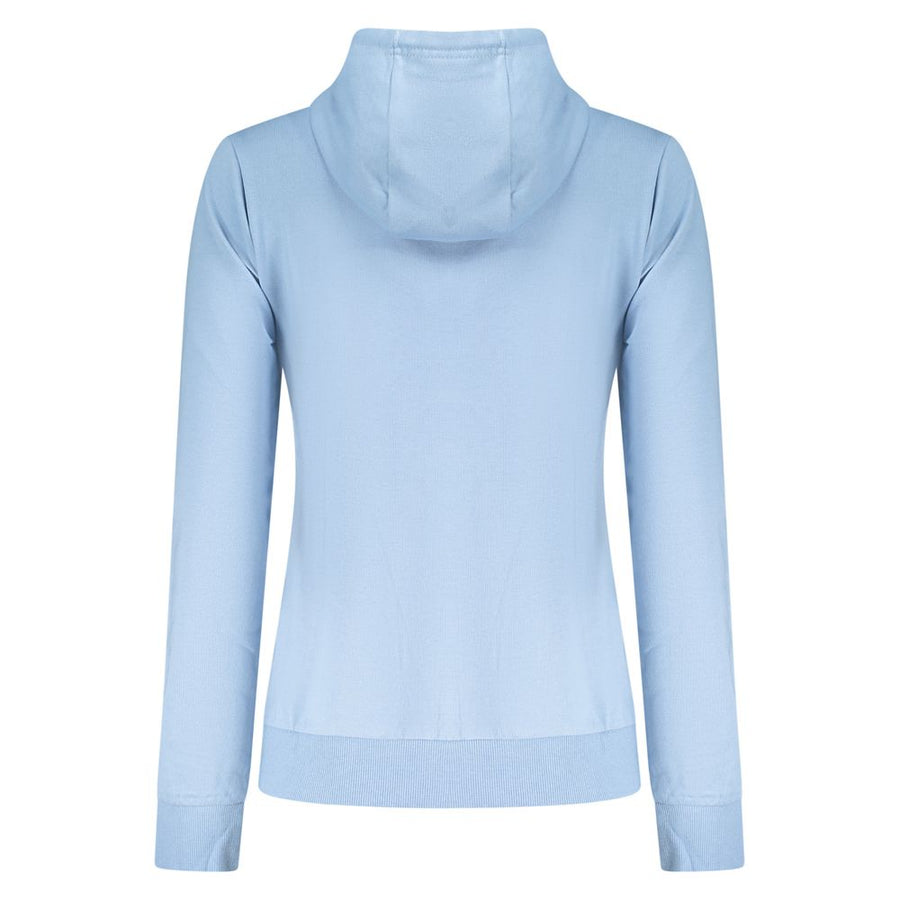 Light blue cotton women's zip-up hoodie with drawstring and small chest patch