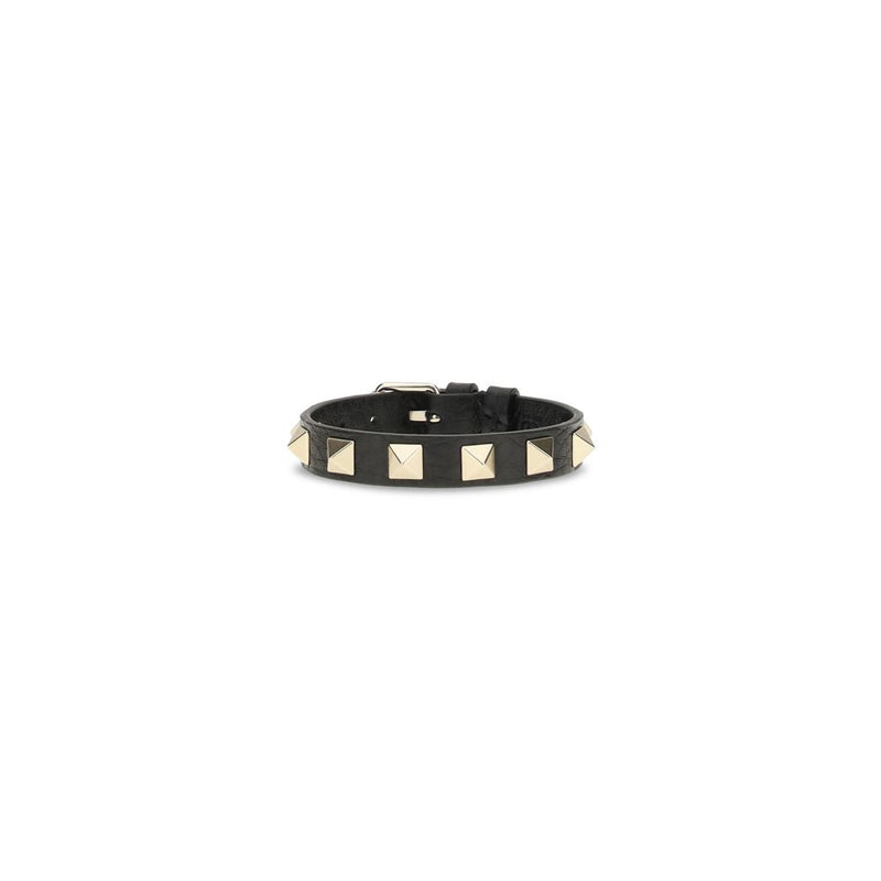 Black calf leather bracelet with gold-tone pyramid studs