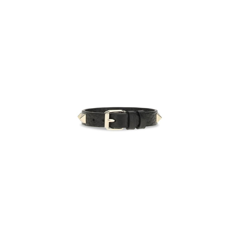 Black leather studded bracelet with a silver buckle closure