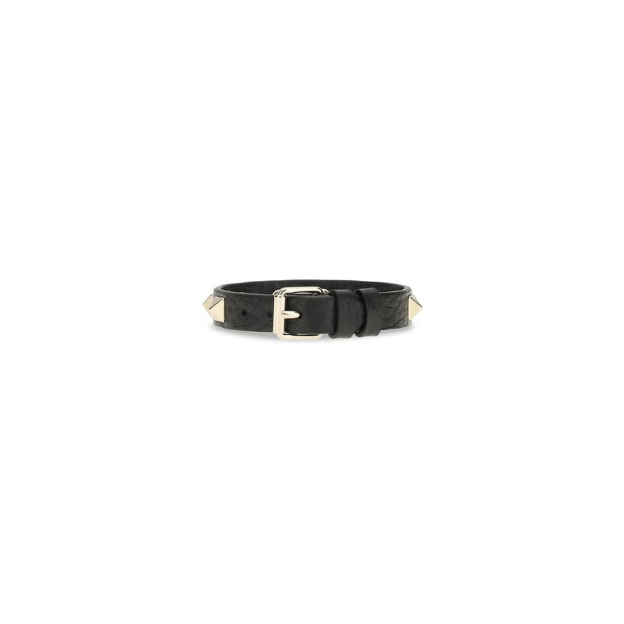 Black calf leather bracelet with gold-tone pyramid studs