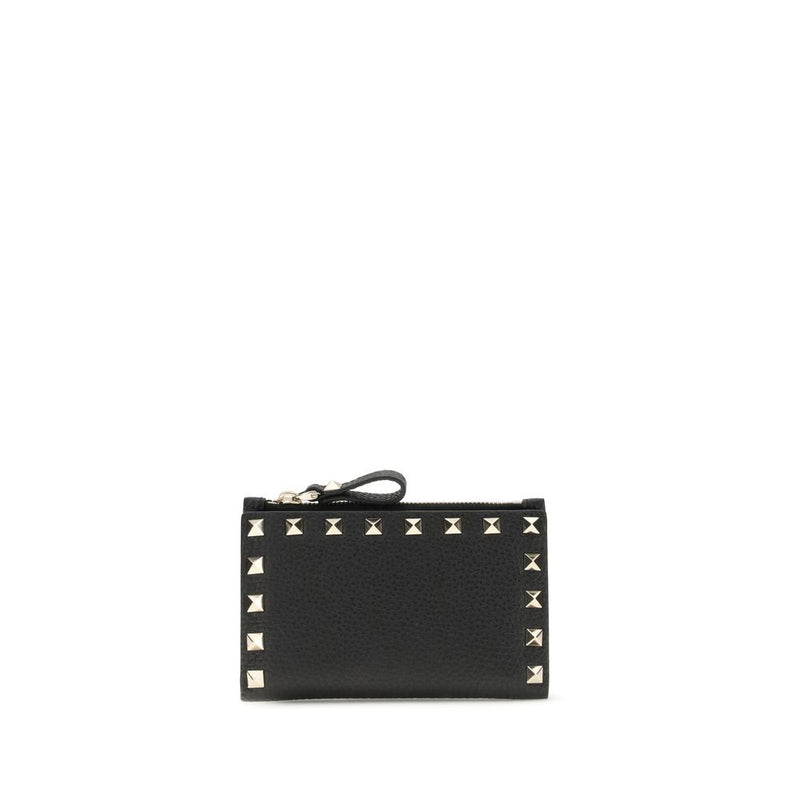 Black leather studded wallet with a top zipper closure