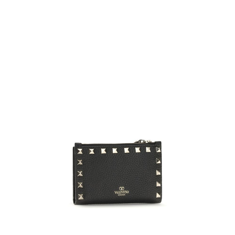 Black leather wallet with studded trim and gold logo lettering