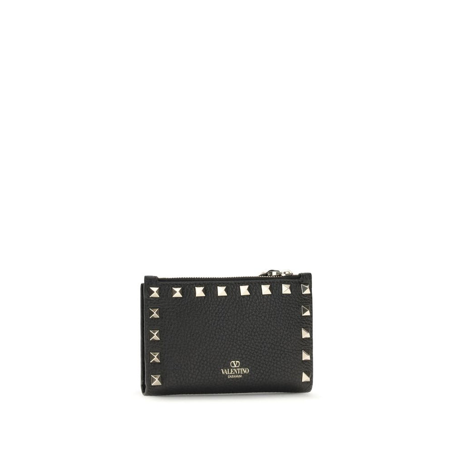 Black leather studded wallet with a top zipper closure