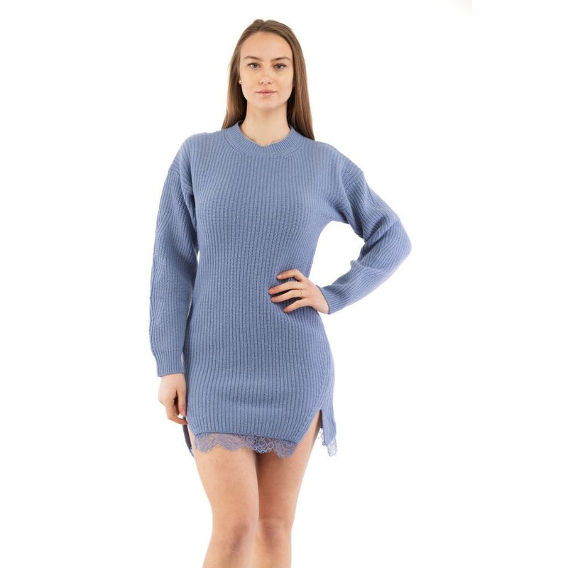 A woman wearing a casual purple knit wool dress with long sleeves and lace trim
