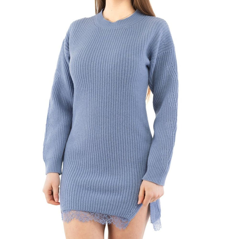 Purple wool knit casual long-sleeve sweater dress with lace hem