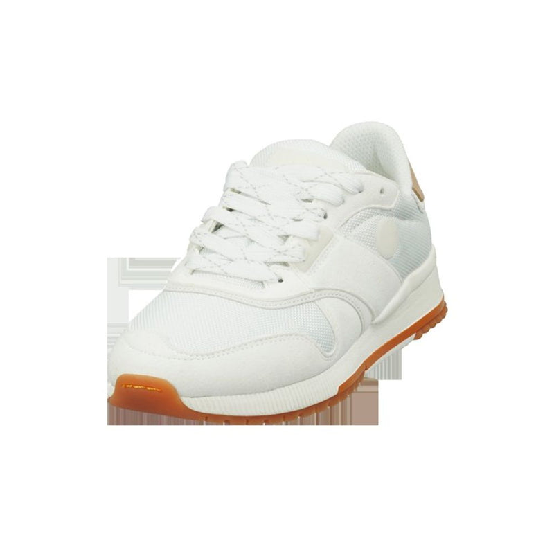 White leather and mesh athletic sneaker with a brown rubber sole and lace-up closure