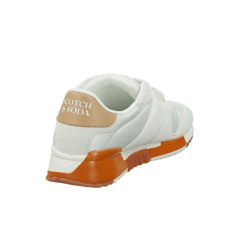 White leather athletic sneaker with brown and white sole and Scotch and Soda logo on heel