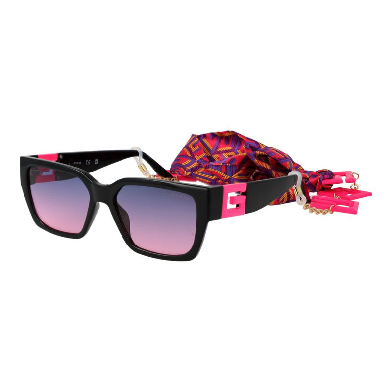Guess black plastic square sunglasses with pink gradient lenses and a patterned scarf strap