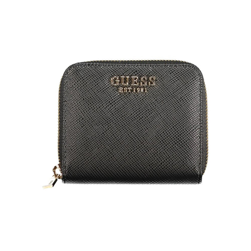 Black polyurethane textured zip-around women's wallet with gold hardware and Guess logo
