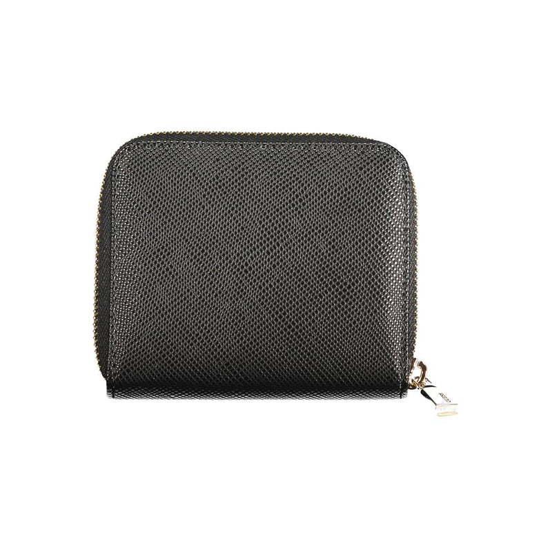 Black textured polyurethane zip-around wallet for women