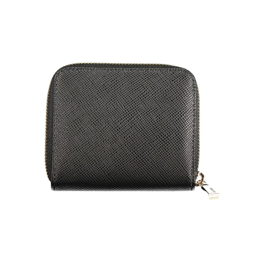 Black polyurethane textured zip-around women's wallet with gold hardware and Guess logo