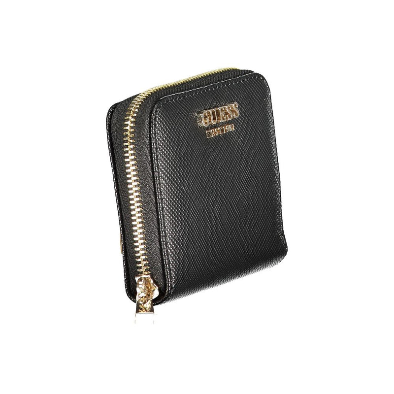 Black textured polyurethane Guess women zip-around wallet with gold hardware