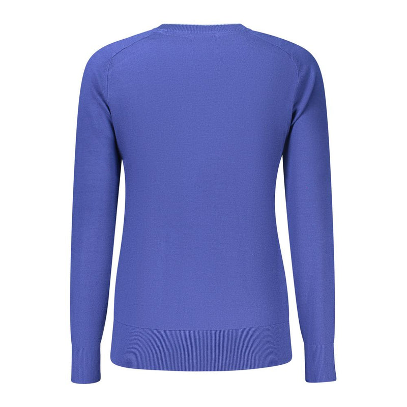 Blue women's crewneck sweater in smooth viscose knit, shown from the back