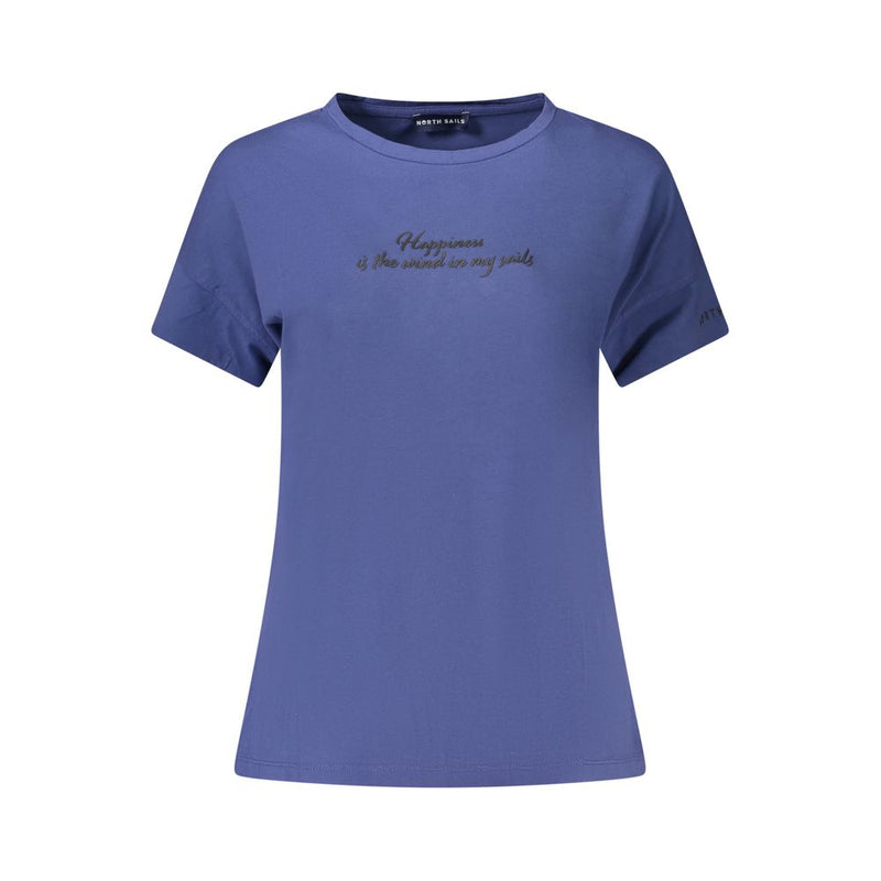 Blue cotton women's short-sleeve t-shirt with embroidered text on the chest