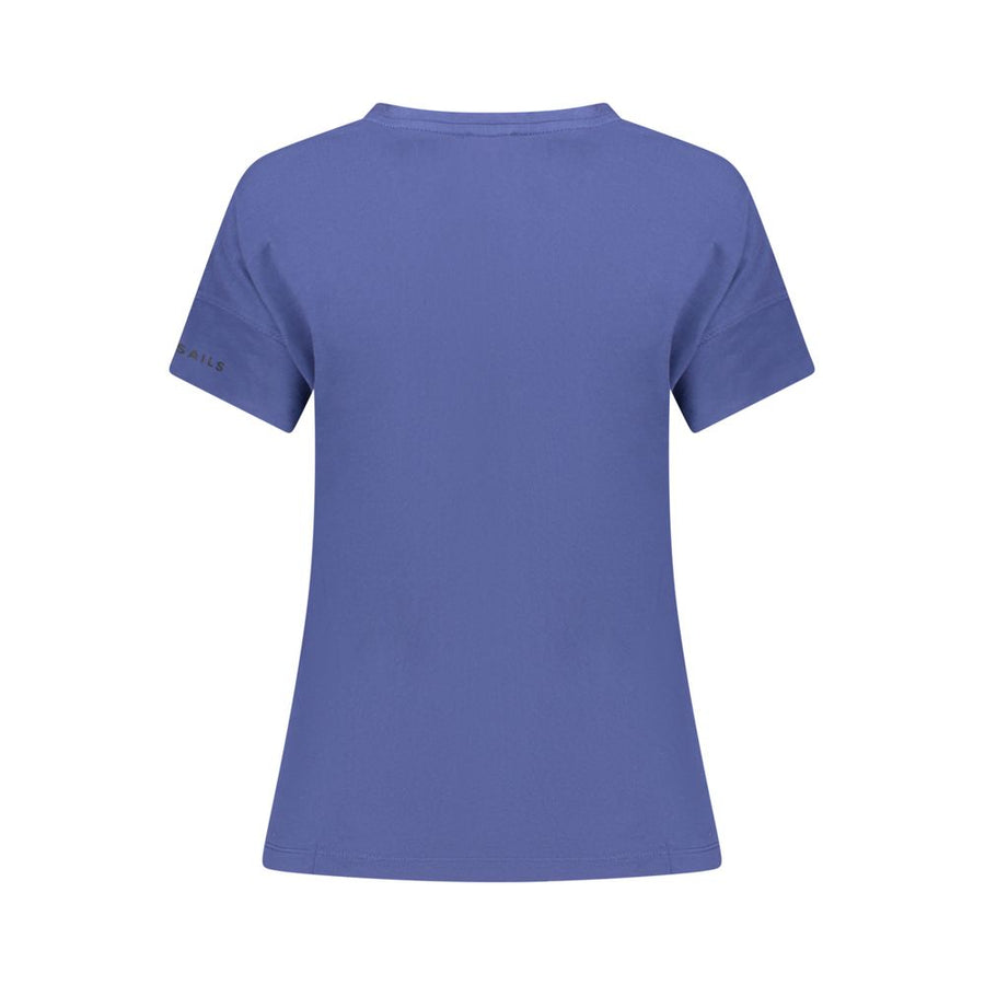 Blue cotton women's short-sleeve t-shirt with embroidered text on the chest
