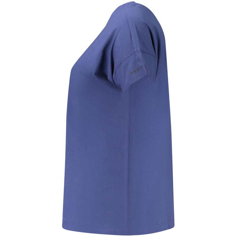 Side view of a blue cotton women's t-shirt with short sleeves and brand text on the sleeve