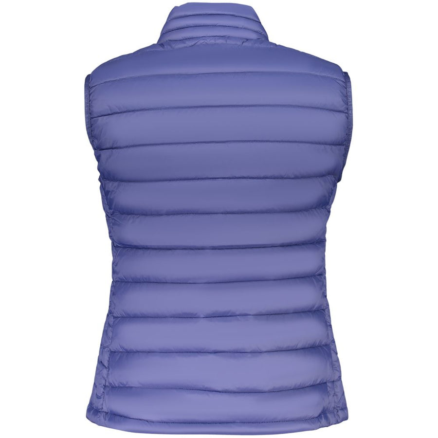 Blue polyester quilted puffer vest for women with a high collar and full zipper