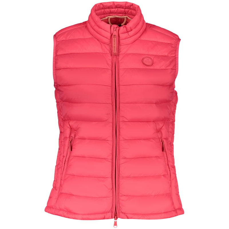Bright pink quilted polyester women's puffer vest with a high collar and front zipper