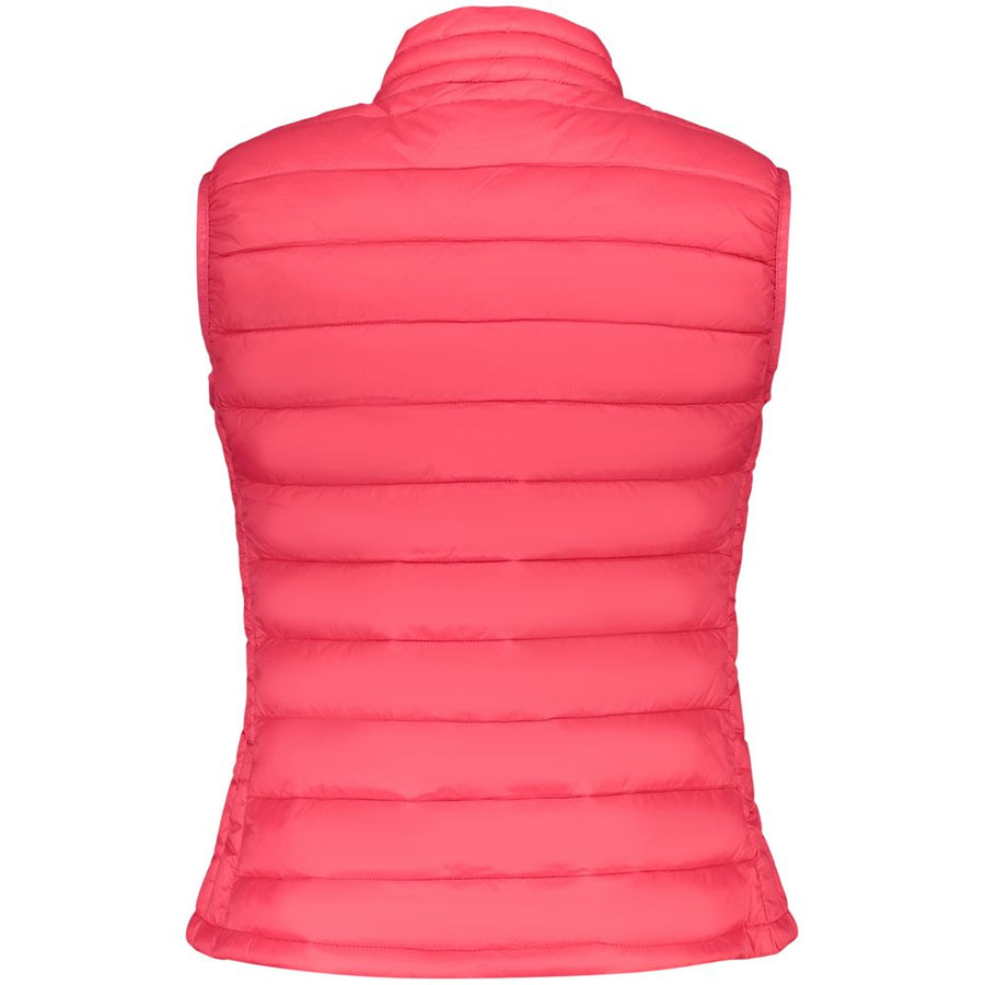 Bright pink quilted polyester women's puffer vest with a high collar and front zipper