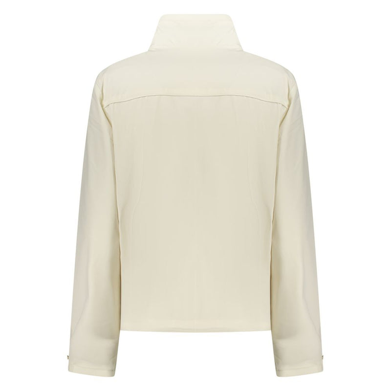 Back view of a white nylon women's jacket with a high collar