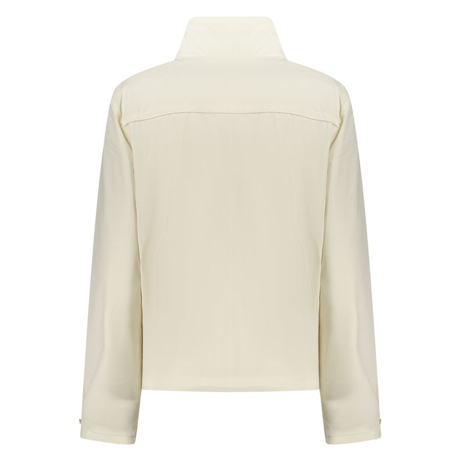 Off-white nylon women's full-zip jacket with a stand collar