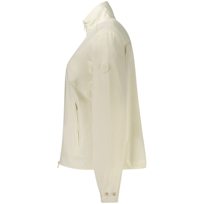 Side view of a white nylon women's zip-up jacket with a stand collar