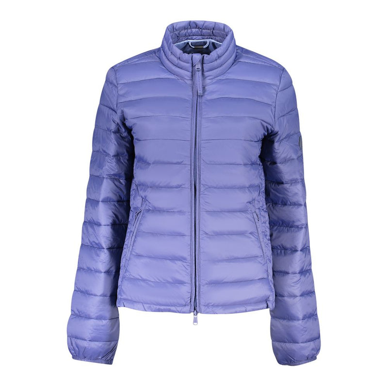 Periwinkle blue quilted polyester puffer jacket with high collar and full zip