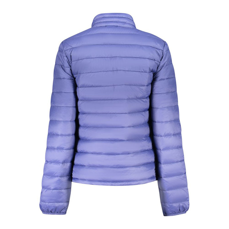 Back view of a blue polyester quilted puffer jacket for women with a stand-up collar
