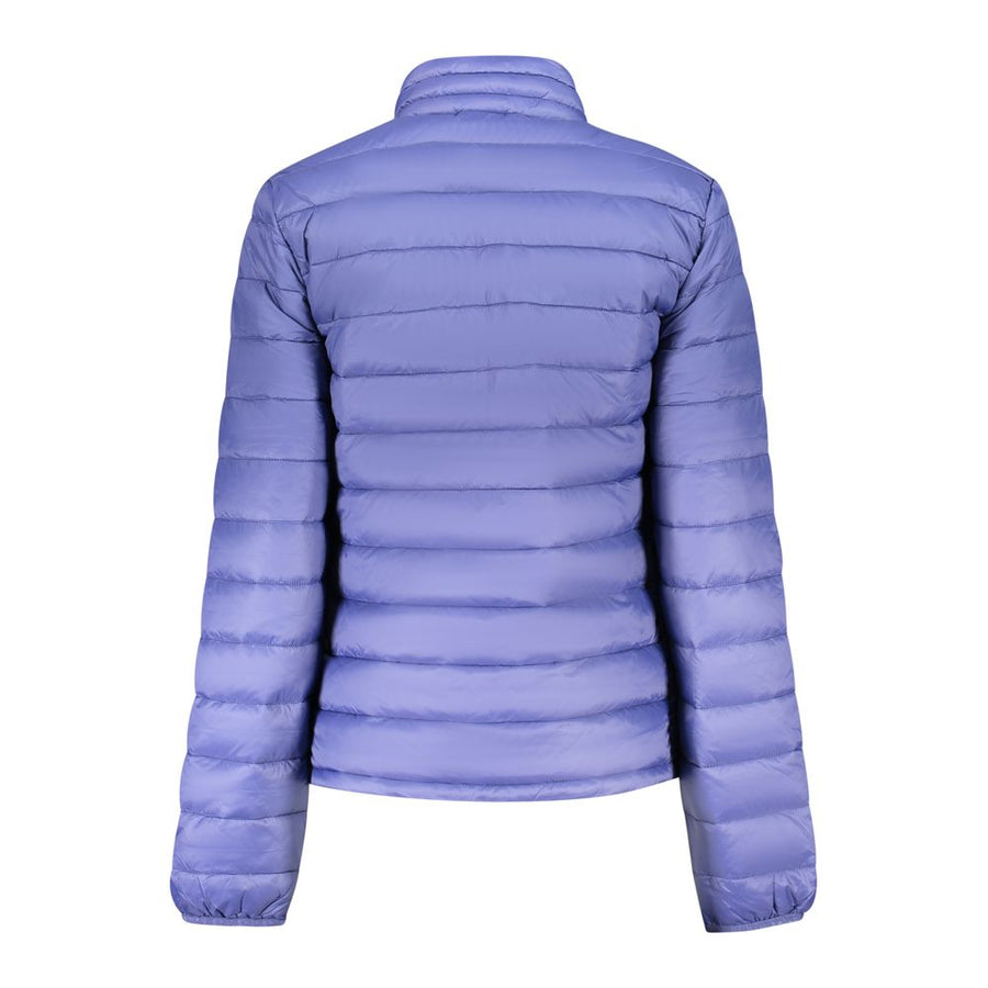 Periwinkle blue quilted polyester puffer jacket with high collar and full zip