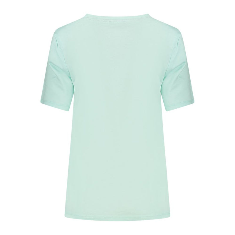 Back view of a plain light green cotton women's t-shirt