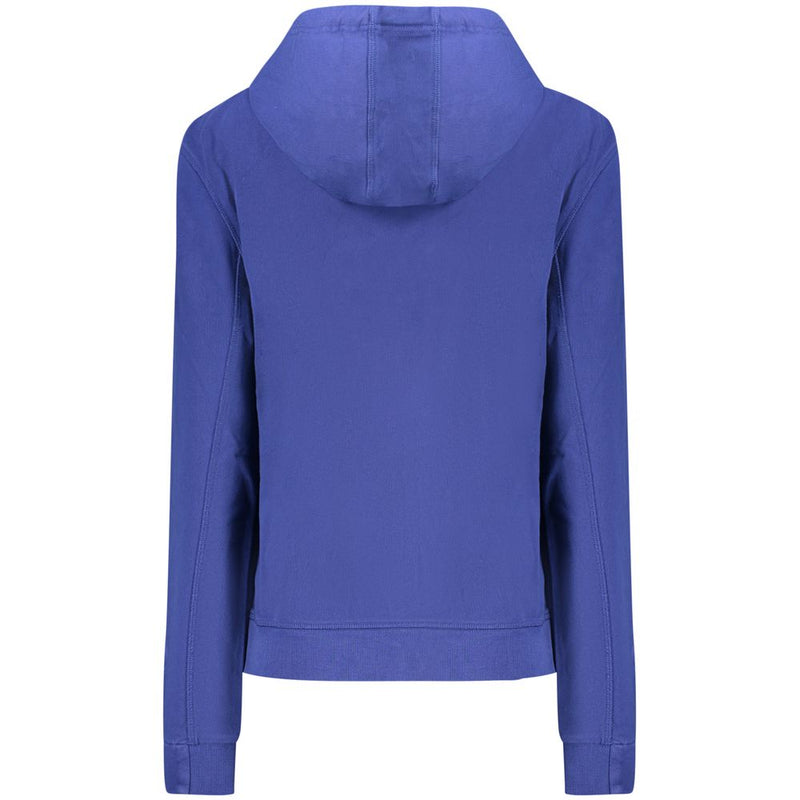 Back of a blue cotton women's hoodie with hood and long sleeves