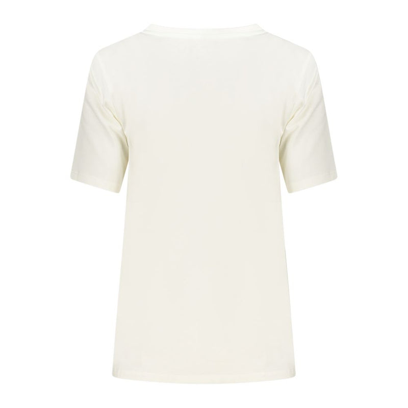 Back view of a plain white cotton women's short-sleeve t-shirt