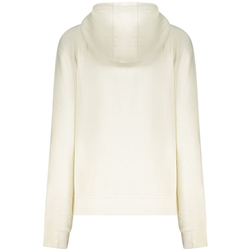 White cotton women's hooded sweatshirt seen from the back