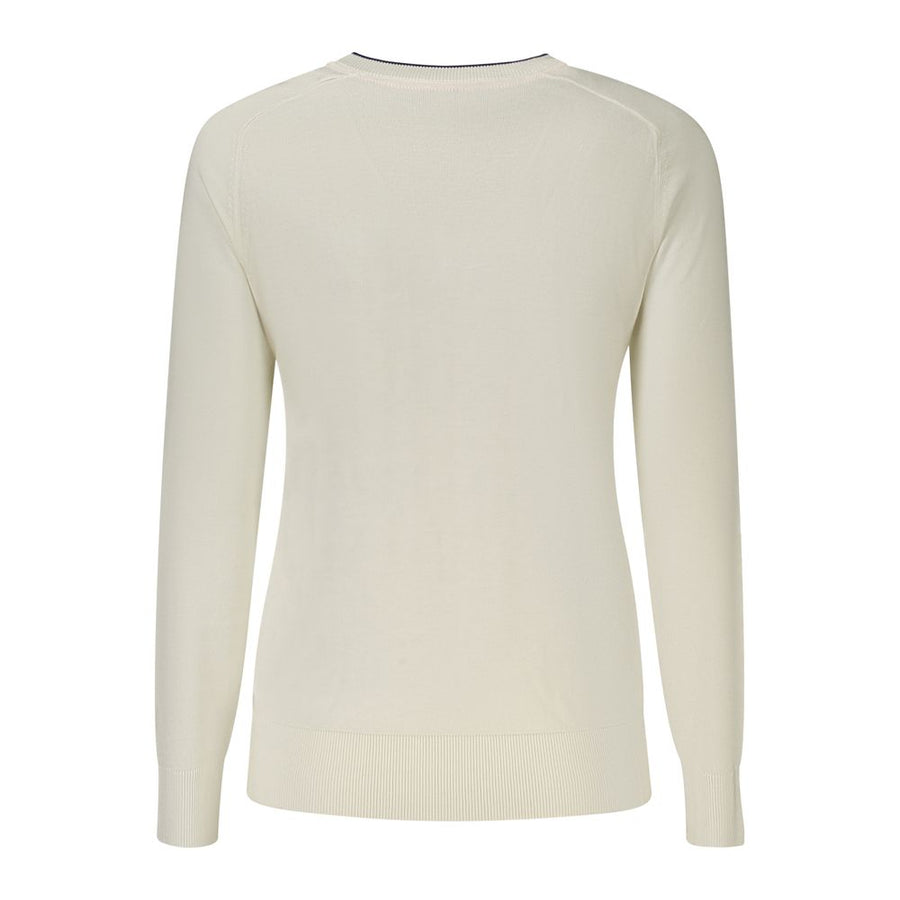 Off-white viscose knit women's top with long sleeves and contrasting trim on the crew neckline