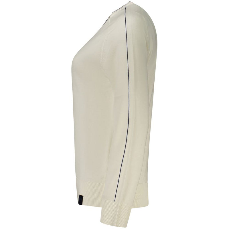 Off-white viscose women's long-sleeve knit top with contrast dark piping along the raglan sleeve seams