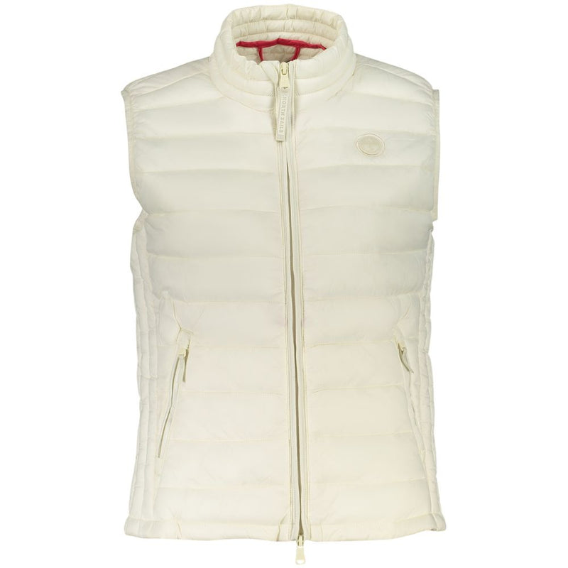 White polyester quilted puffer vest for women with a high collar and zipper closure