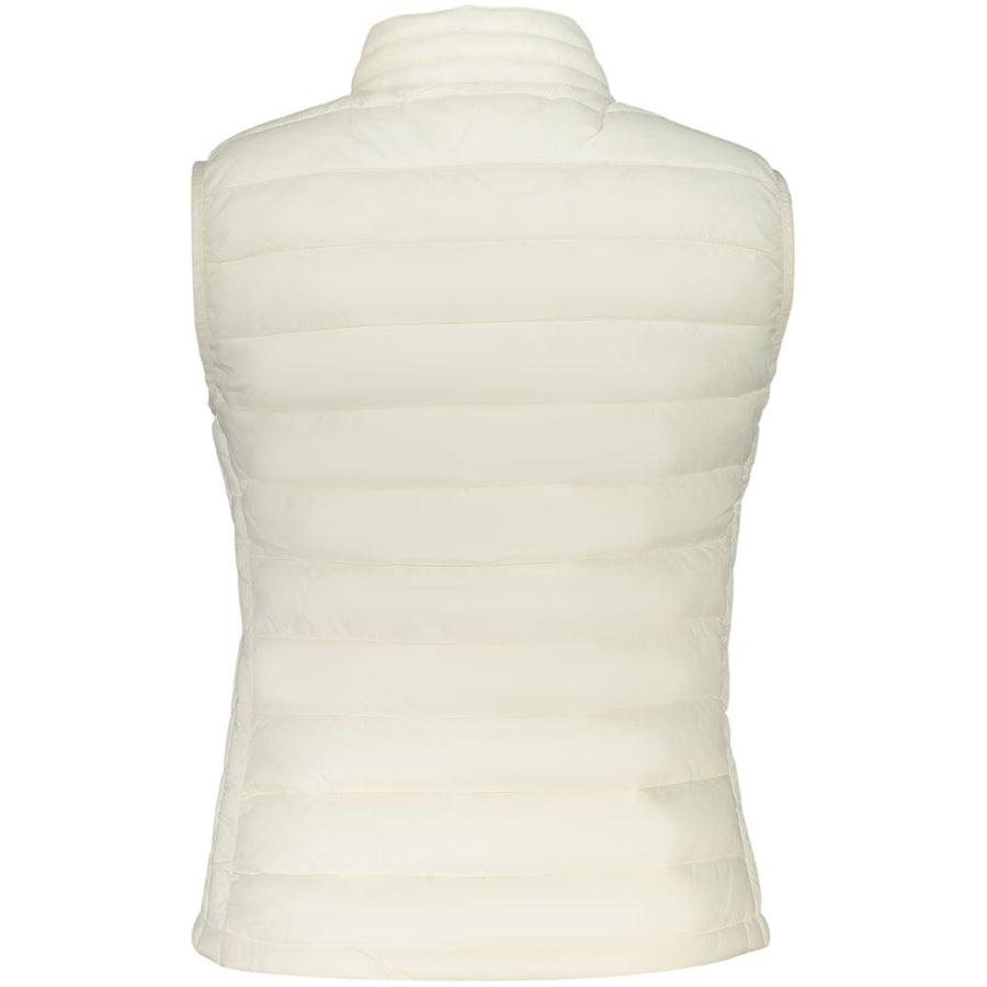 White polyester quilted puffer vest for women with a high collar and zipper closure