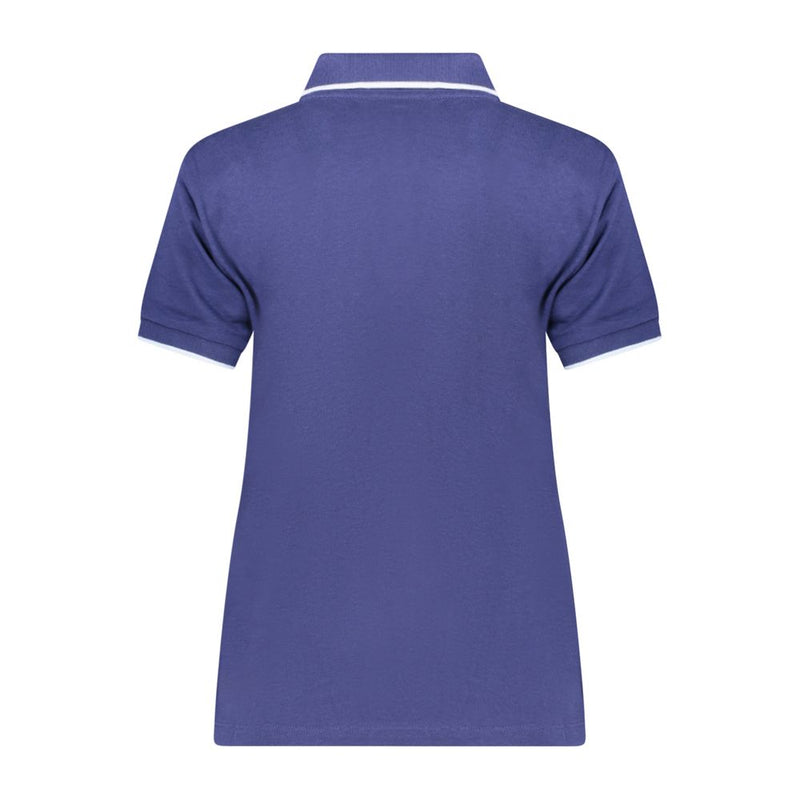 Blue modal women's short-sleeve polo shirt with white trim on collar and cuffs