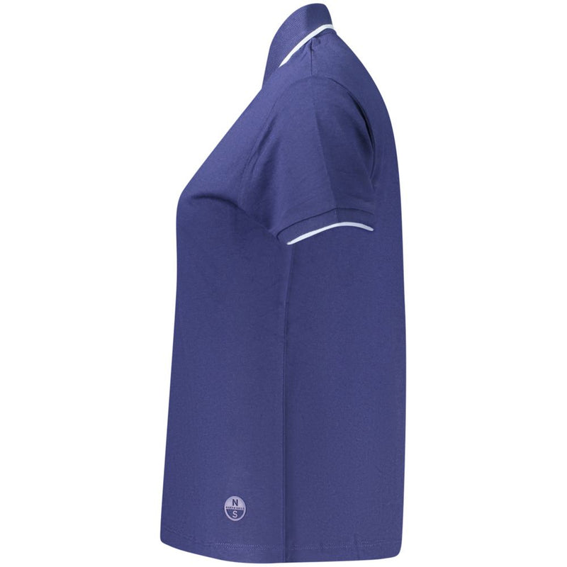 Blue modal womens short-sleeve polo shirt with white trim on collar and sleeves viewed from the side