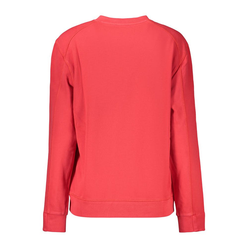 Back view of a red cotton women's crewneck sweatshirt with long sleeves