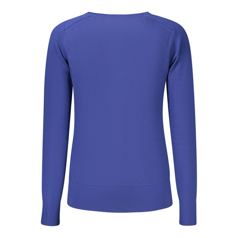 Blue viscose women's long-sleeve knit sweater shown from the back