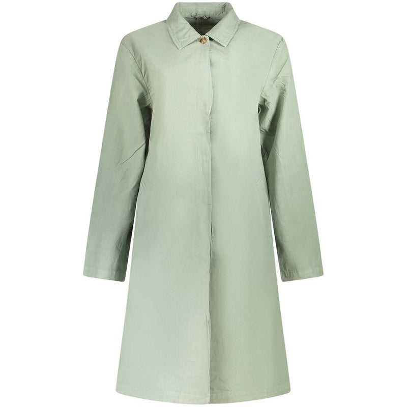 Sage green cotton women's button-up coat with a classic collar and long sleeves