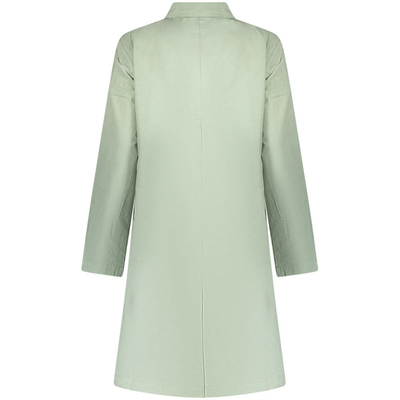 Back of a long sage green cotton women's coat with a collar