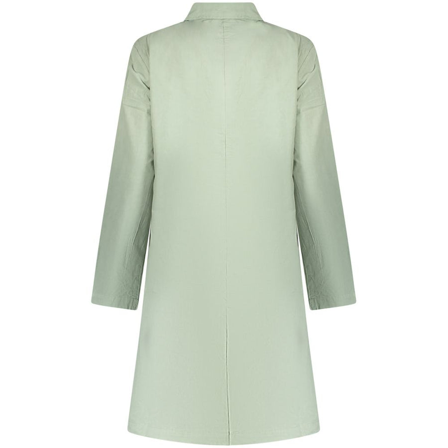 Sage green cotton women's button-up coat with a classic collar and long sleeves