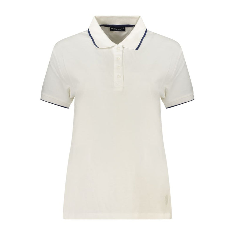 White cotton women's short-sleeve polo shirt with blue piping