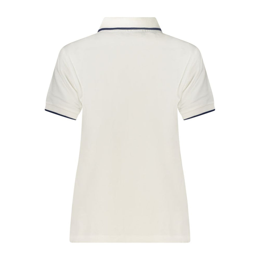 White cotton women's short-sleeve polo shirt with blue piping