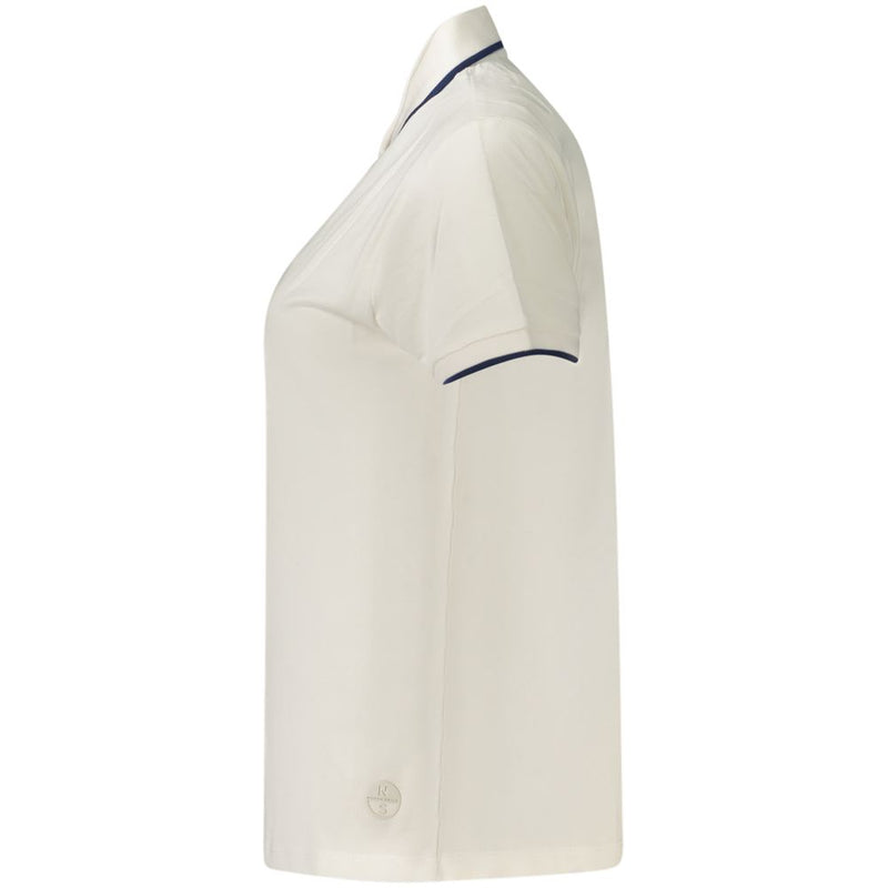 Side profile of a white cotton women's polo shirt with blue tipping