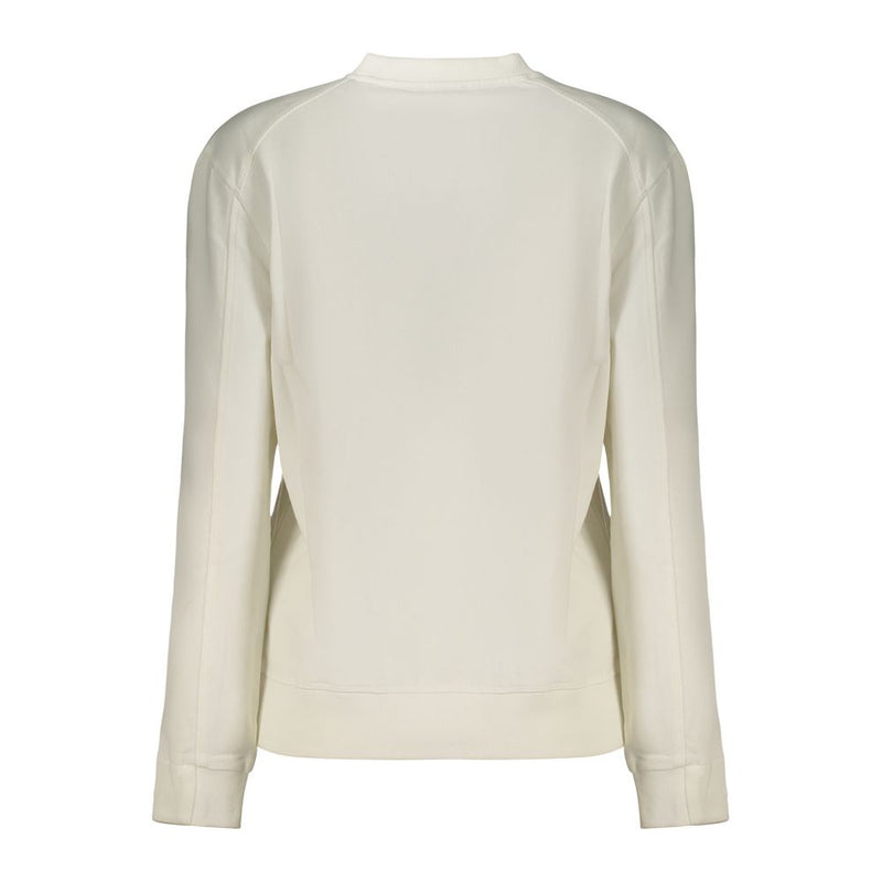 Back view of a white cotton women's sweatshirt with long sleeves and ribbed crewneck